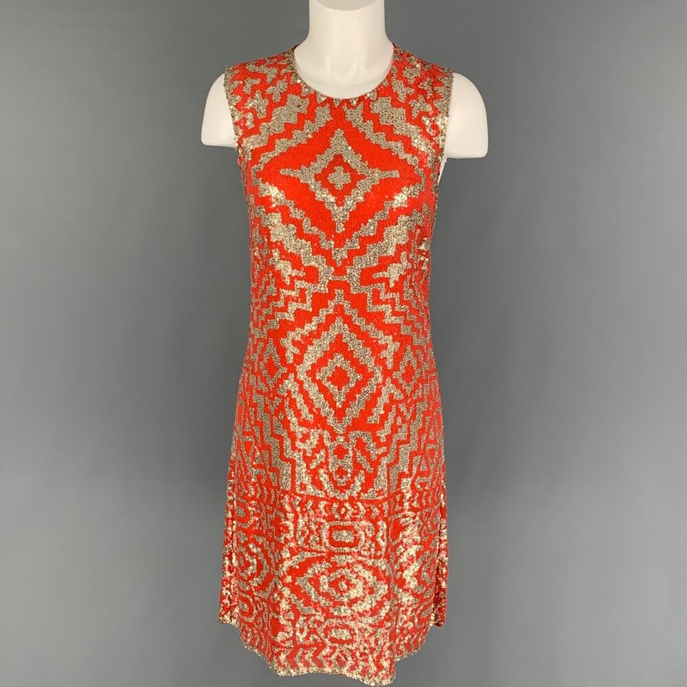 NAEEM KHAN Size M Orange Silver Geometric Sleeveless Cocktail Dress